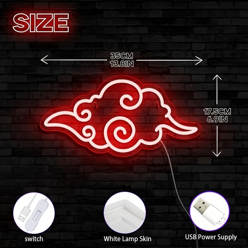 Anime Neon Sign Light for Game Room - Vibrant Red & White Cloud Design, USB Powered Wall Decor, Cool Gaming Ambiance Lighting,