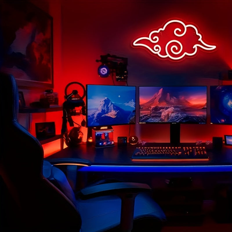 Anime Neon Sign Light for Game Room - Vibrant Red & White Cloud Design, USB Powered Wall Decor, Cool Gaming Ambiance Lighting,