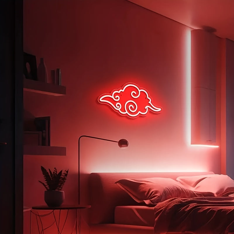 Anime Neon Sign Light for Game Room - Vibrant Red & White Cloud Design, USB Powered Wall Decor, Cool Gaming Ambiance Lighting,